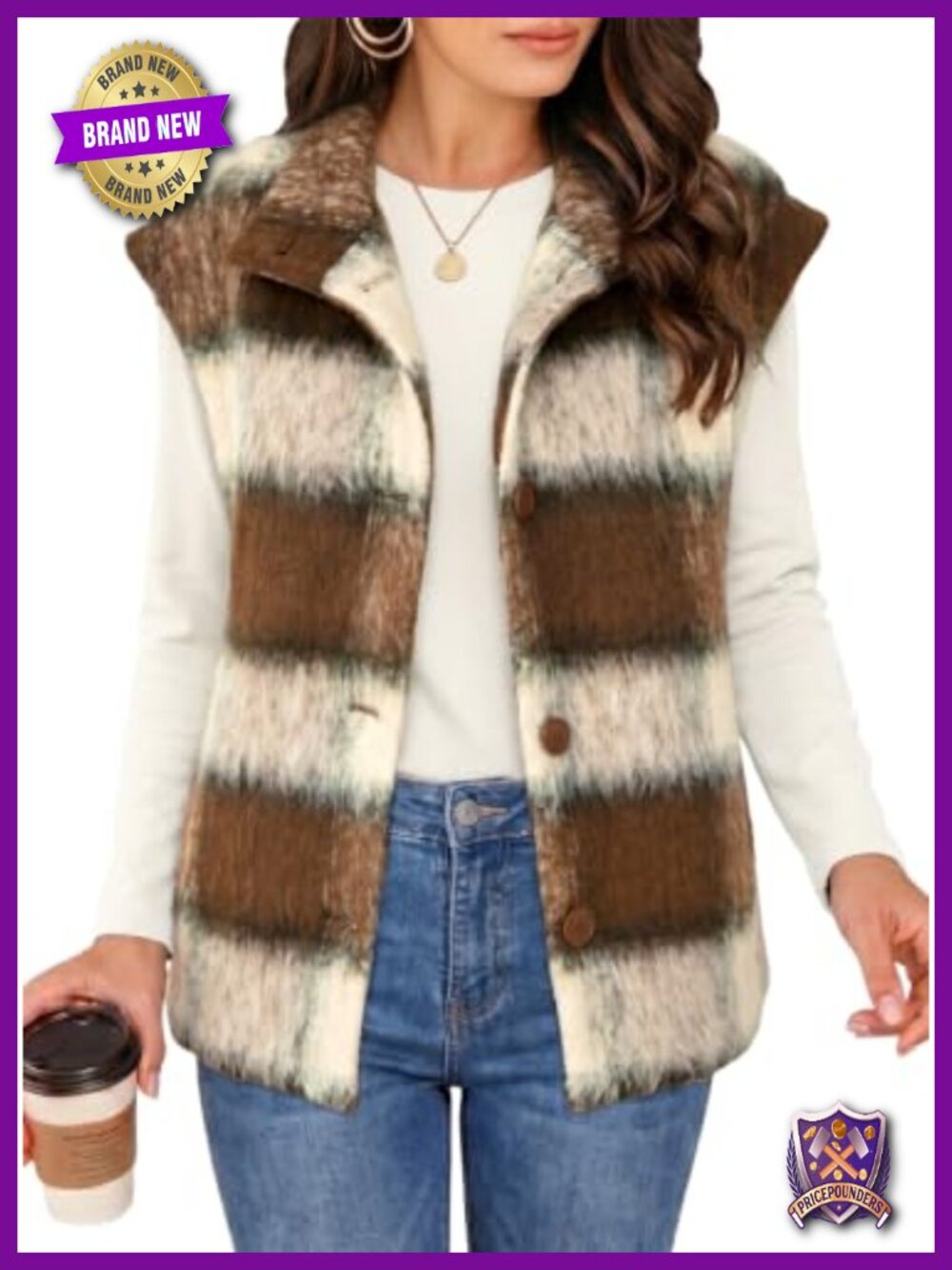 Oversized Plaid Vest Cap Sleeve Button Front Layering Coat